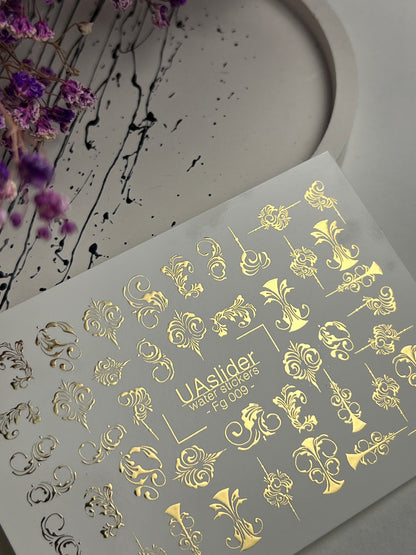 Nail Water Decal Fg-009 | Baroque Water Slide Nail Decals with Gold Foil | Ornamental Luxury Designs