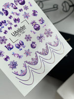 Nail Water Decal CF-706 | Christmas Water Slide Nail Decals | Purple Snowflakes and Ornaments