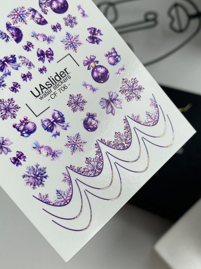 Nail Water Decal CF-706 | Christmas Water Slide Nail Decals | Purple Snowflakes and Ornaments