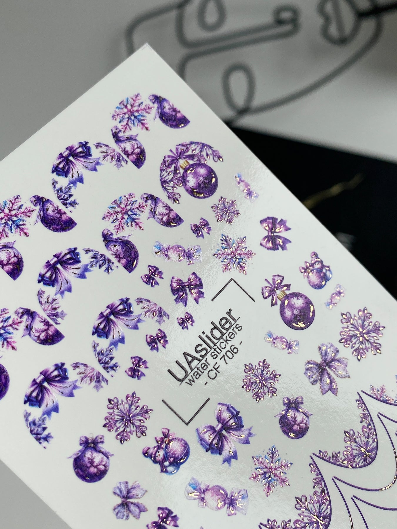 Nail Water Decal CF-706 | Christmas Water Slide Nail Decals | Purple Snowflakes and Ornaments