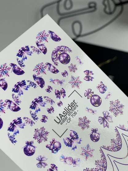 Nail Water Decal CF-706 | Christmas Water Slide Nail Decals | Purple Snowflakes and Ornaments