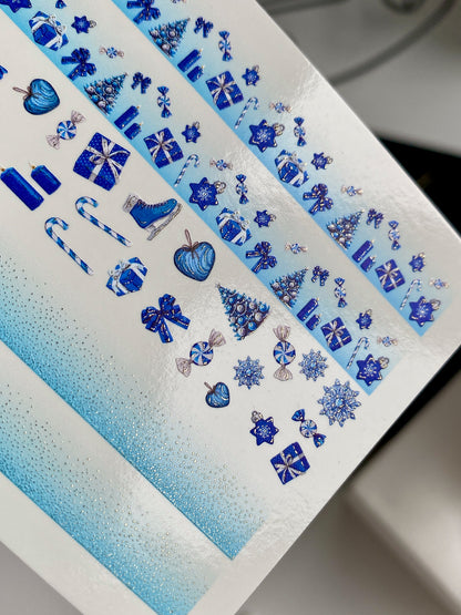 Nail Water Decal CF-705 | Christmas Water Slide Nail Decals | Blue Gradient and Holiday Ornaments