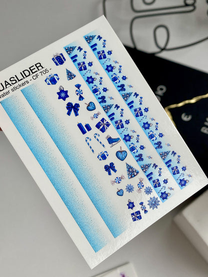 Nail Water Decal CF-705 | Christmas Water Slide Nail Decals | Blue Gradient and Holiday Ornaments