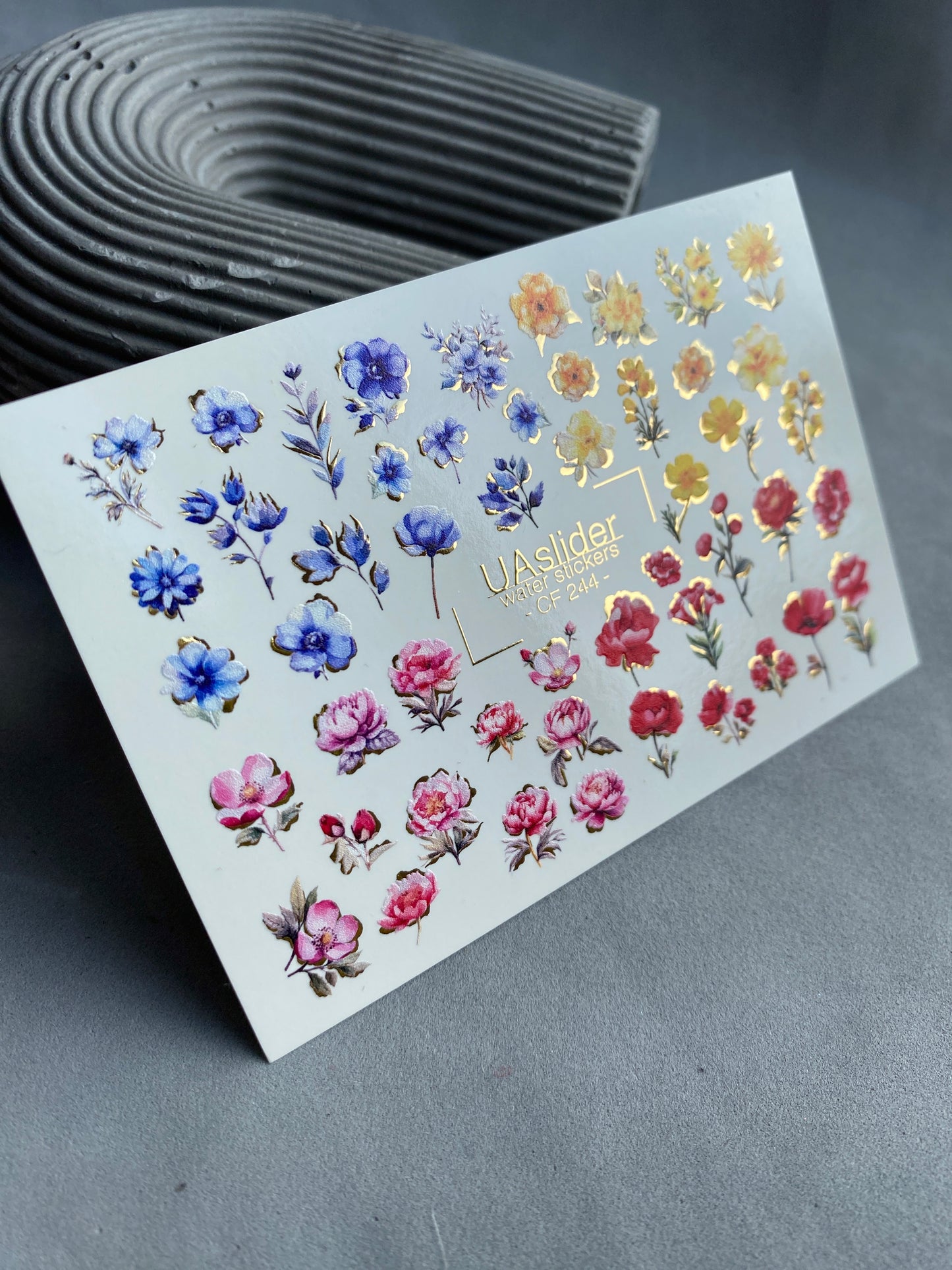 Nail Water Decal CF-244 | Colorful Floral Water Slide Nail Decals | Red, Blue & Yellow Flowers with Gold