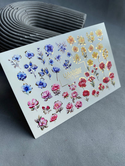 Nail Water Decal CF-244 | Colorful Floral Water Slide Nail Decals | Red, Blue & Yellow Flowers with Gold