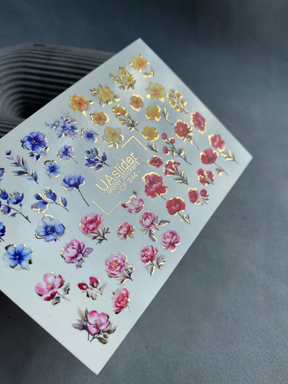Nail Water Decal CF-244 | Colorful Floral Water Slide Nail Decals | Red, Blue & Yellow Flowers with Gold
