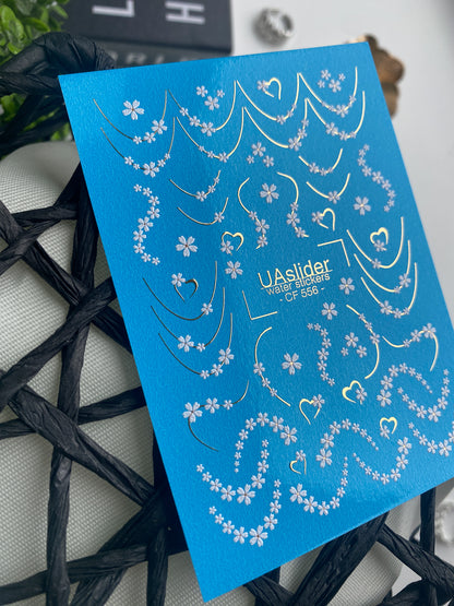 Nail Water Decal CF-556 | French Water Slide Nail Decals with Floral Garlands | White Flowers and Hearts