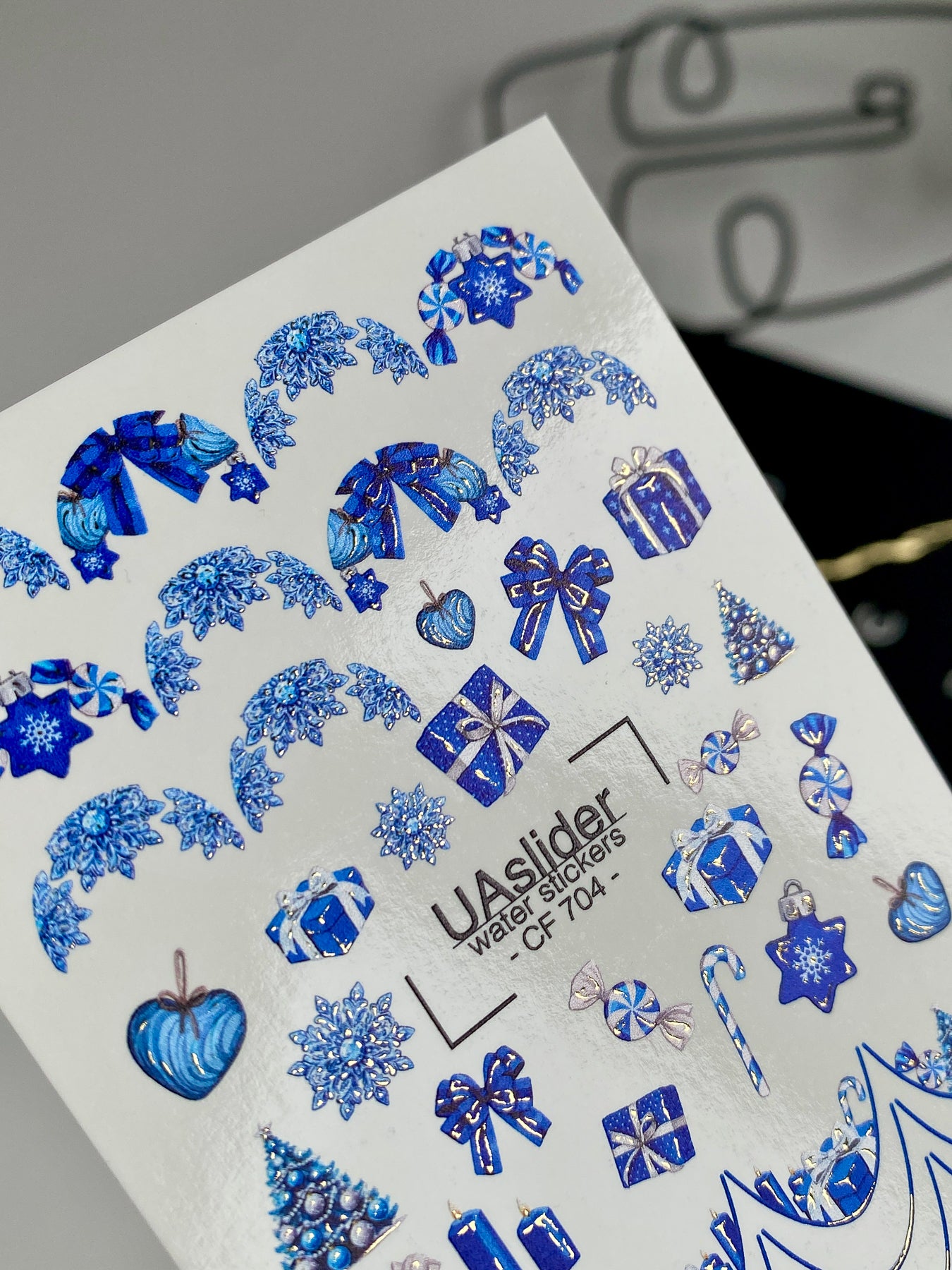 Nail Water Decal CF-704 | Christmas Water Slide Nail Decals | Blue Snowflakes and Holiday Gifts