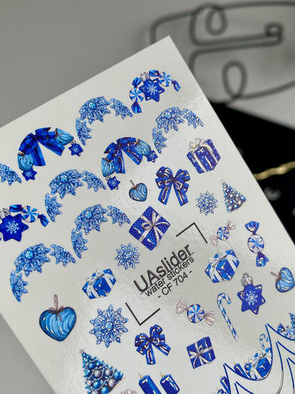 Nail Water Decal CF-704 | Christmas Water Slide Nail Decals | Blue Snowflakes and Holiday Gifts