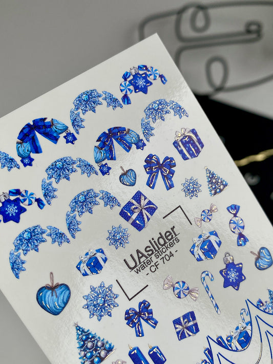 Nail Water Decal CF-704 | Christmas Water Slide Nail Decals | Blue Snowflakes and Holiday Gifts