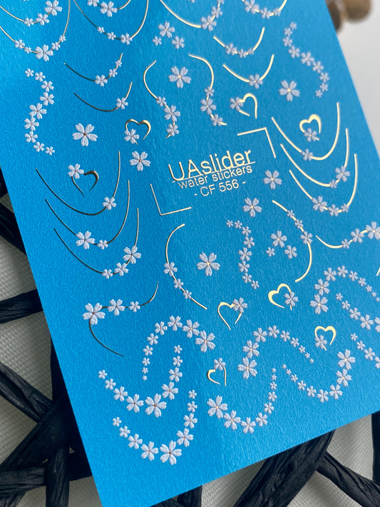 Nail Water Decal CF-556 | French Water Slide Nail Decals with Floral Garlands | White Flowers and Hearts