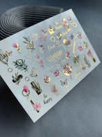 Nail Water Decal CF-240 | Floral Water Slide Nail Decals | Pink Flowers, Butterflies & Gold Geometry - UASLIDER