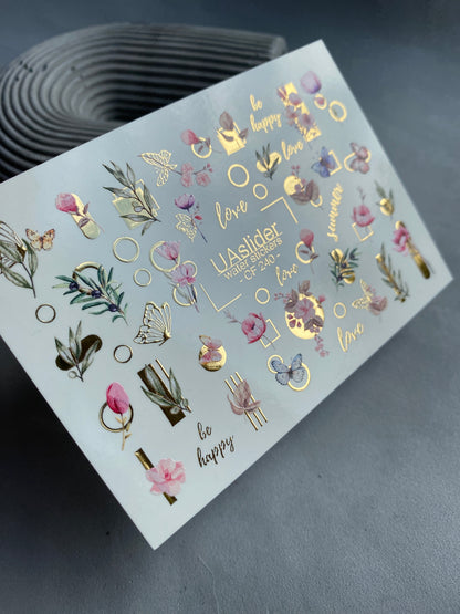 Nail Water Decal CF-240 | Floral Water Slide Nail Decals | Pink Flowers, Butterflies & Gold Geometry