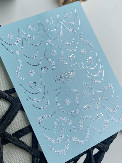 Nail Water Decal CF-557 | French Water Slide Nail Decals with Floral Details | White Blossoms and Hearts