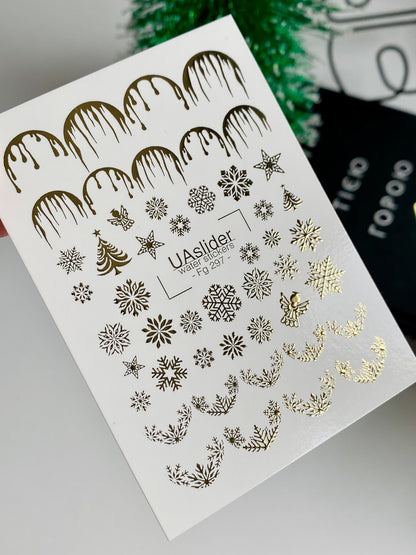 Nail Water Decal Fg-297 | Water Slide Nail Decals | Gold Snowflakes and Holiday French Design