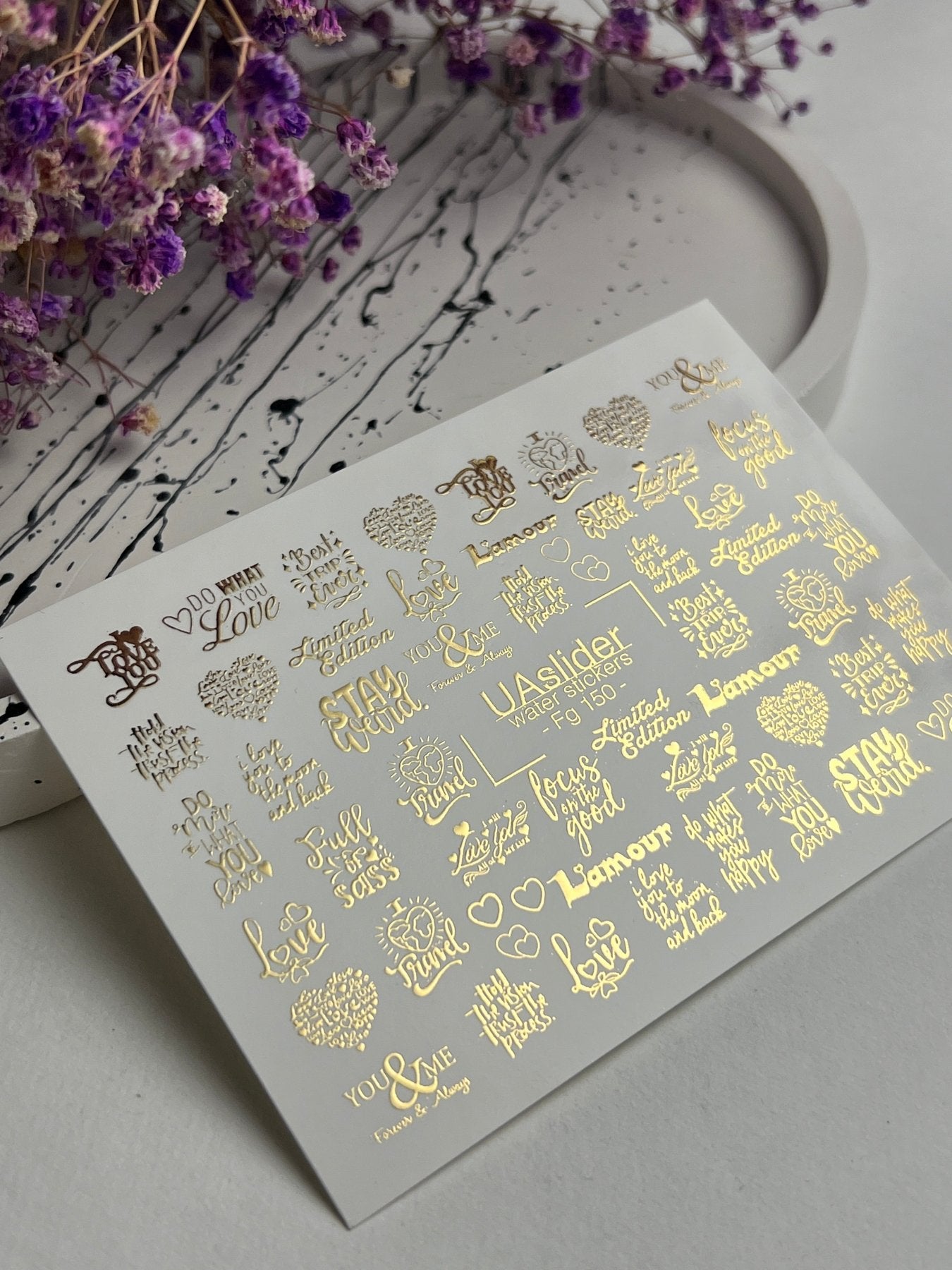 Nail Water Decal Fg-150 | Gold Foil Water Slide Nail Decals | Romantic & Motivational Quotes - UASLIDER