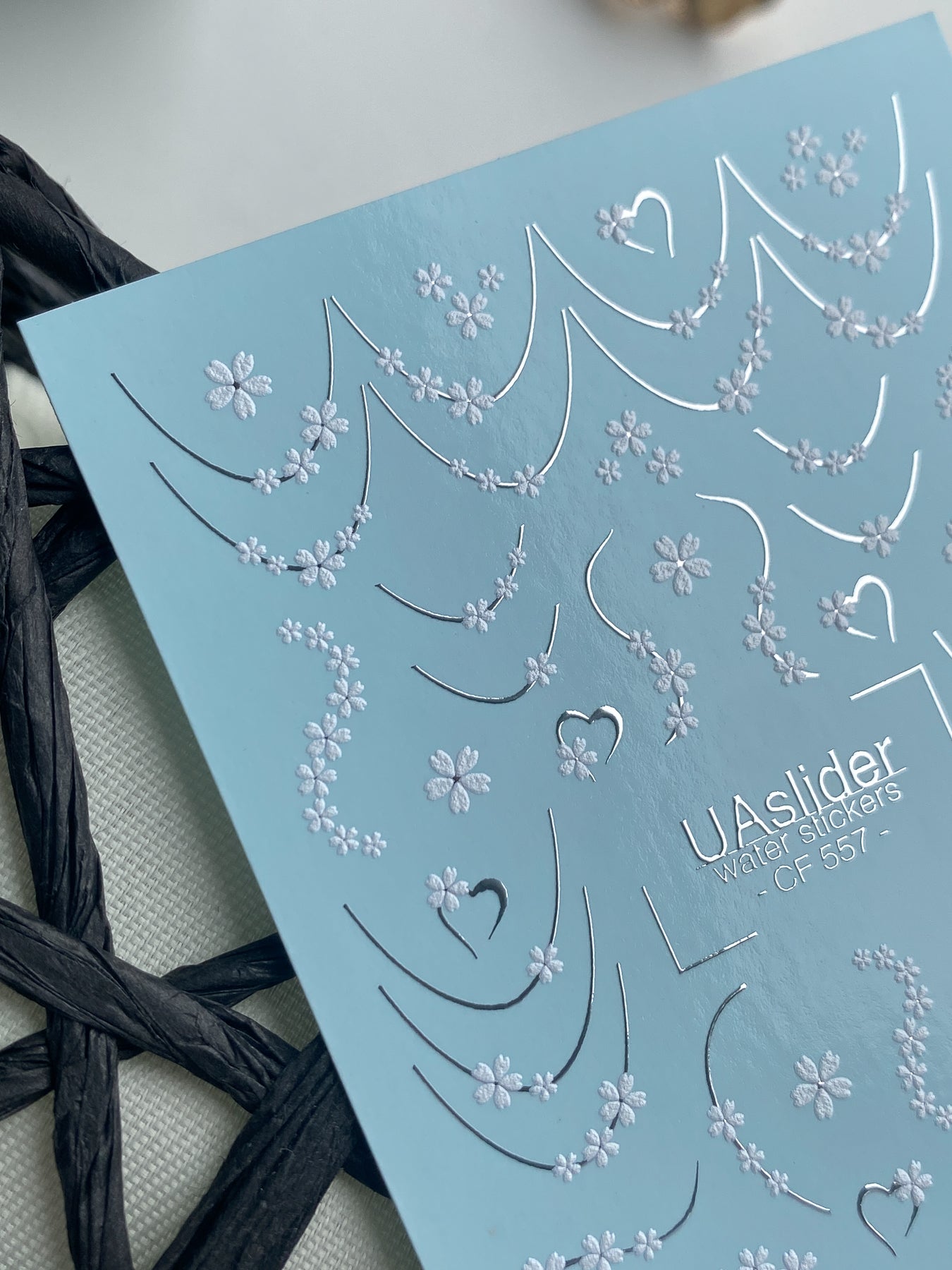 Nail Water Decal CF-557 | French Water Slide Nail Decals with Floral Details | White Blossoms and Hearts