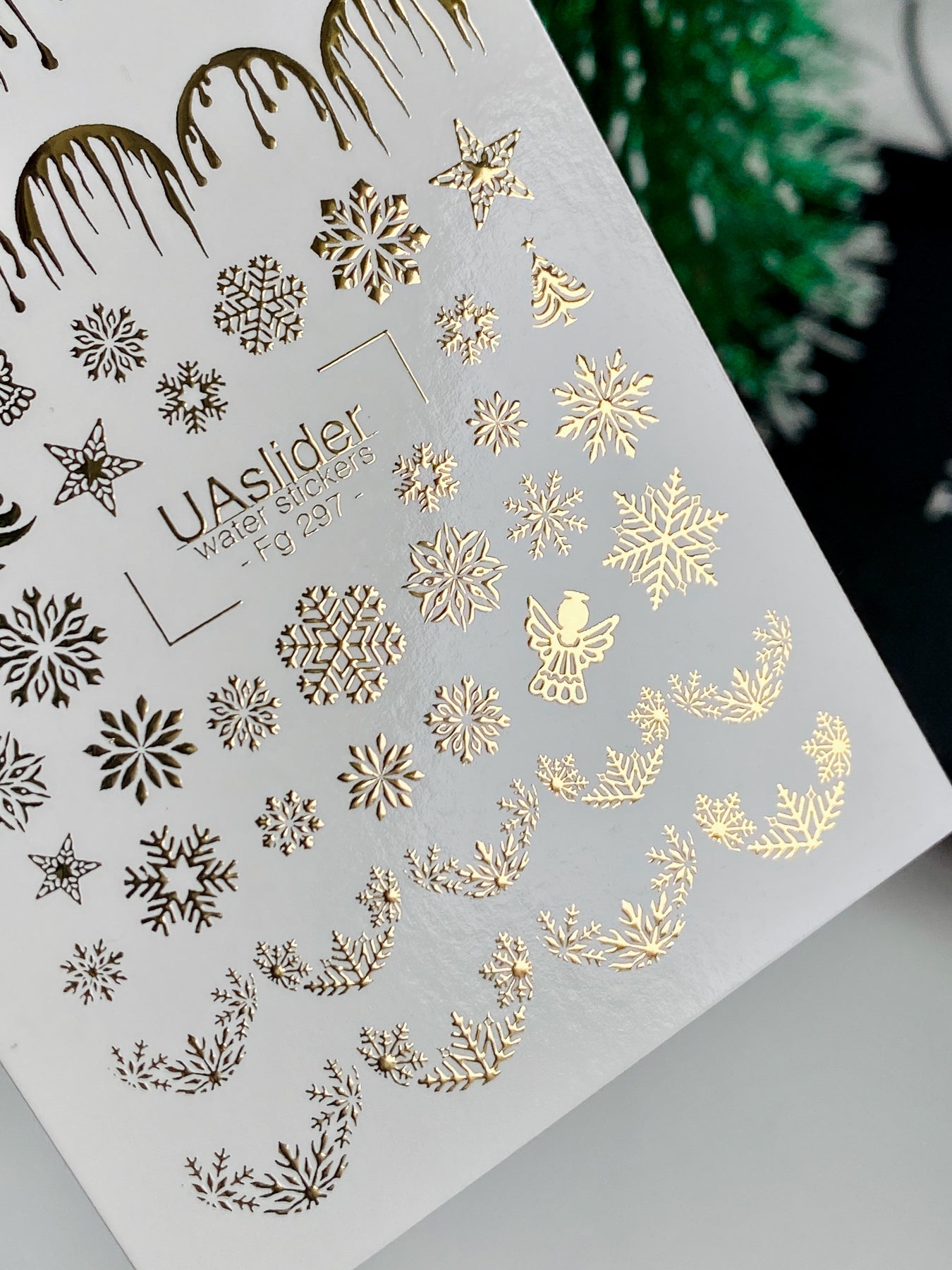 Nail Water Decal Fg-297 | Water Slide Nail Decals | Gold Snowflakes and Holiday French Design
