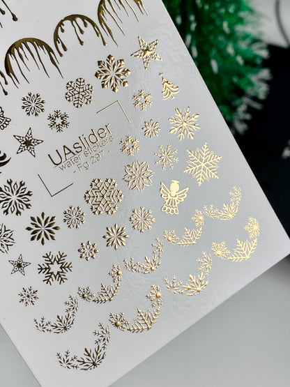 Nail Water Decal Fg-297 | Water Slide Nail Decals | Gold Snowflakes and Holiday French Design