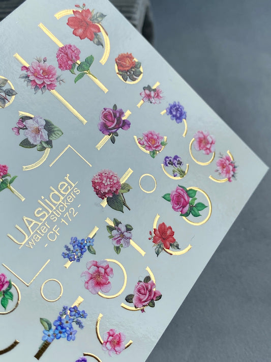 Nail Water Decal CF-172 | Elegant Floral Nail Water Decals | Roses, Peonies & Geometric Accents