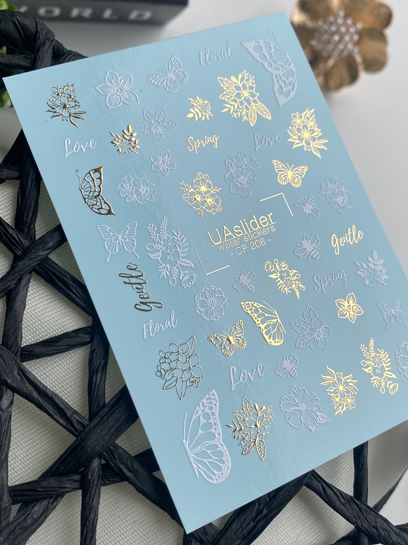 Nail Water Decal CF-206 | Nail Water Decals | Gentle Floral & Butterfly Designs with Gold Foil - UASLIDER
