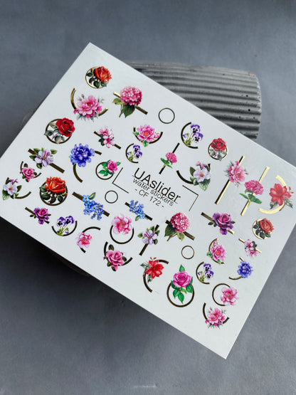 Nail Water Decal CF-172 | Elegant Floral Nail Water Decals | Roses, Peonies & Geometric Accents