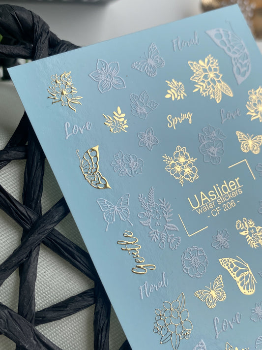 Nail Water Decal CF-206 | Nail Water Decals | Gentle Floral & Butterfly Designs with Gold Foil