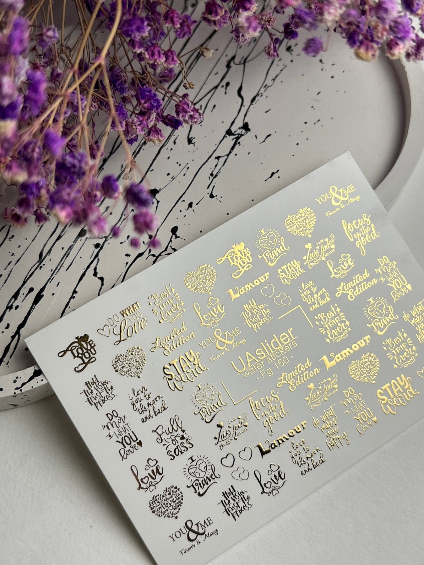 Nail Water Decal Fg-150 | Gold Foil Water Slide Nail Decals | Romantic & Motivational Quotes - UASLIDER