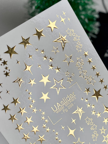 Nail Water Decal Fg-299 | Water Slide Nail Decals | Gold Foil Stars Design