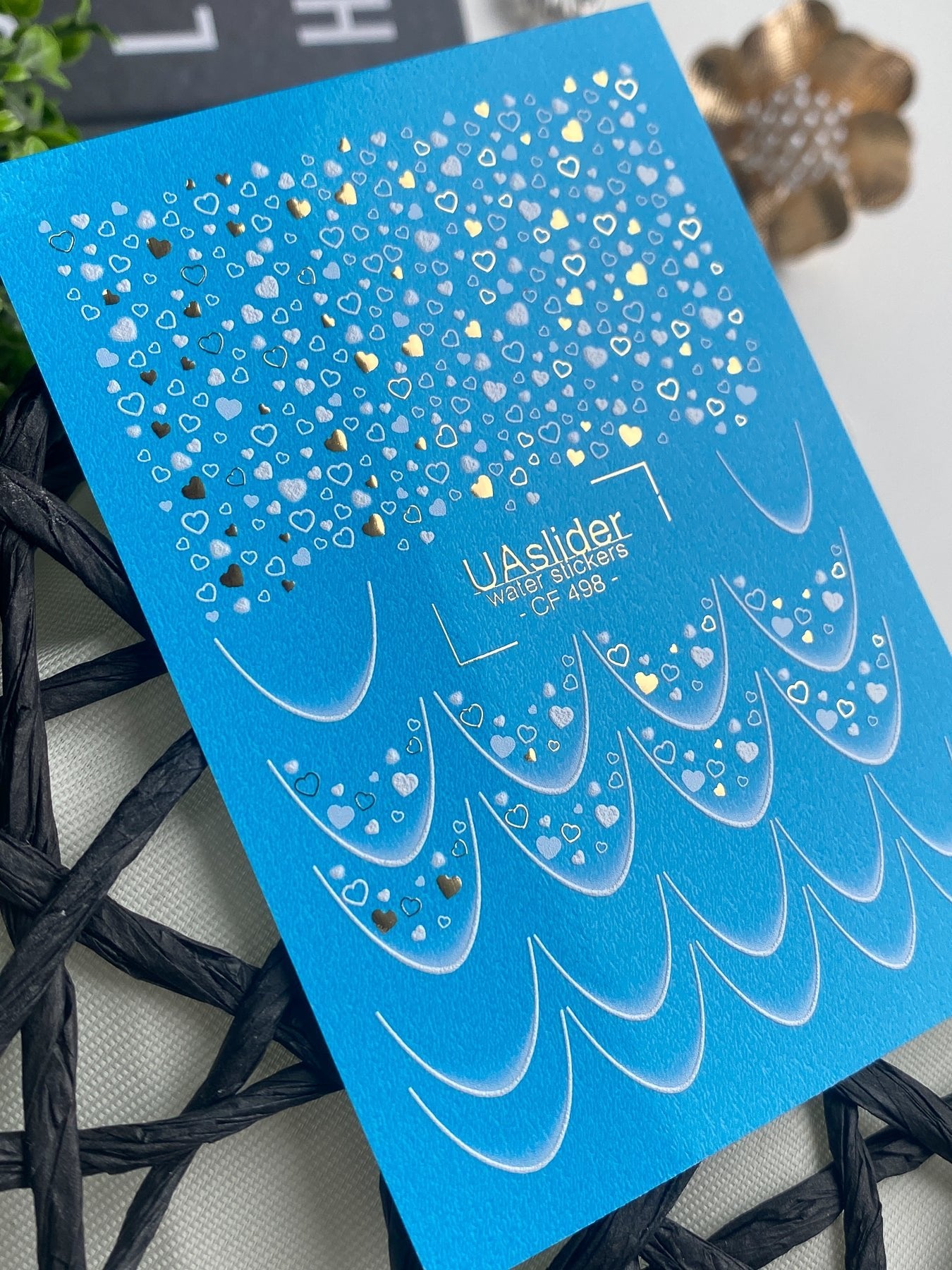 Nail Water Decal CF-498 | Blue & White Heart Nail Water Decals with Gold Foil | Romantic Nail Stickers - UASLIDER
