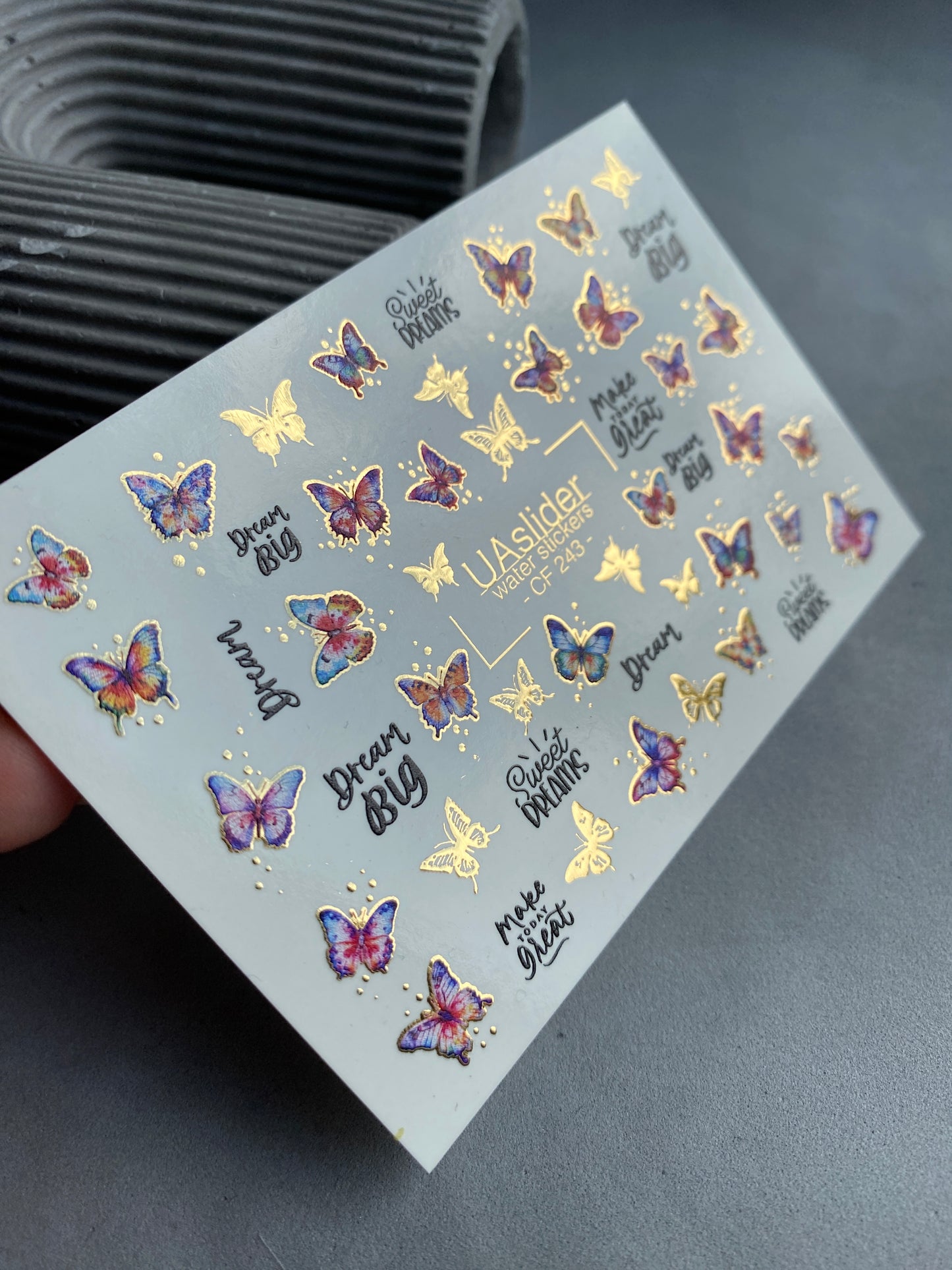 Nail Water Decal CF-243 | Colorful Butterfly Water Slide Nail Decals | Gradient Wings & Gold Details