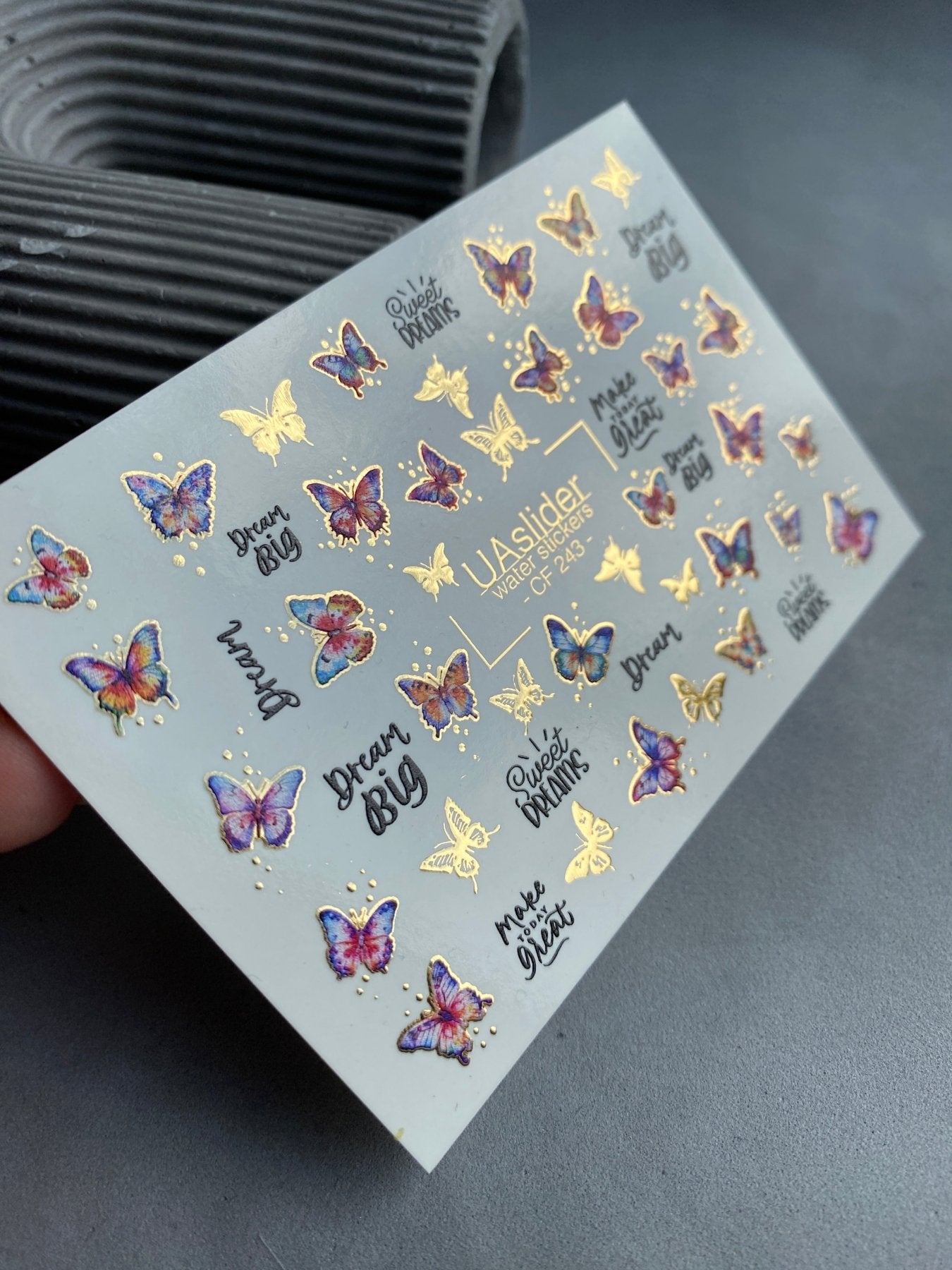 Nail Water Decal CF-243 | Colorful Butterfly Water Slide Nail Decals | Gradient Wings & Gold Details - UASLIDER