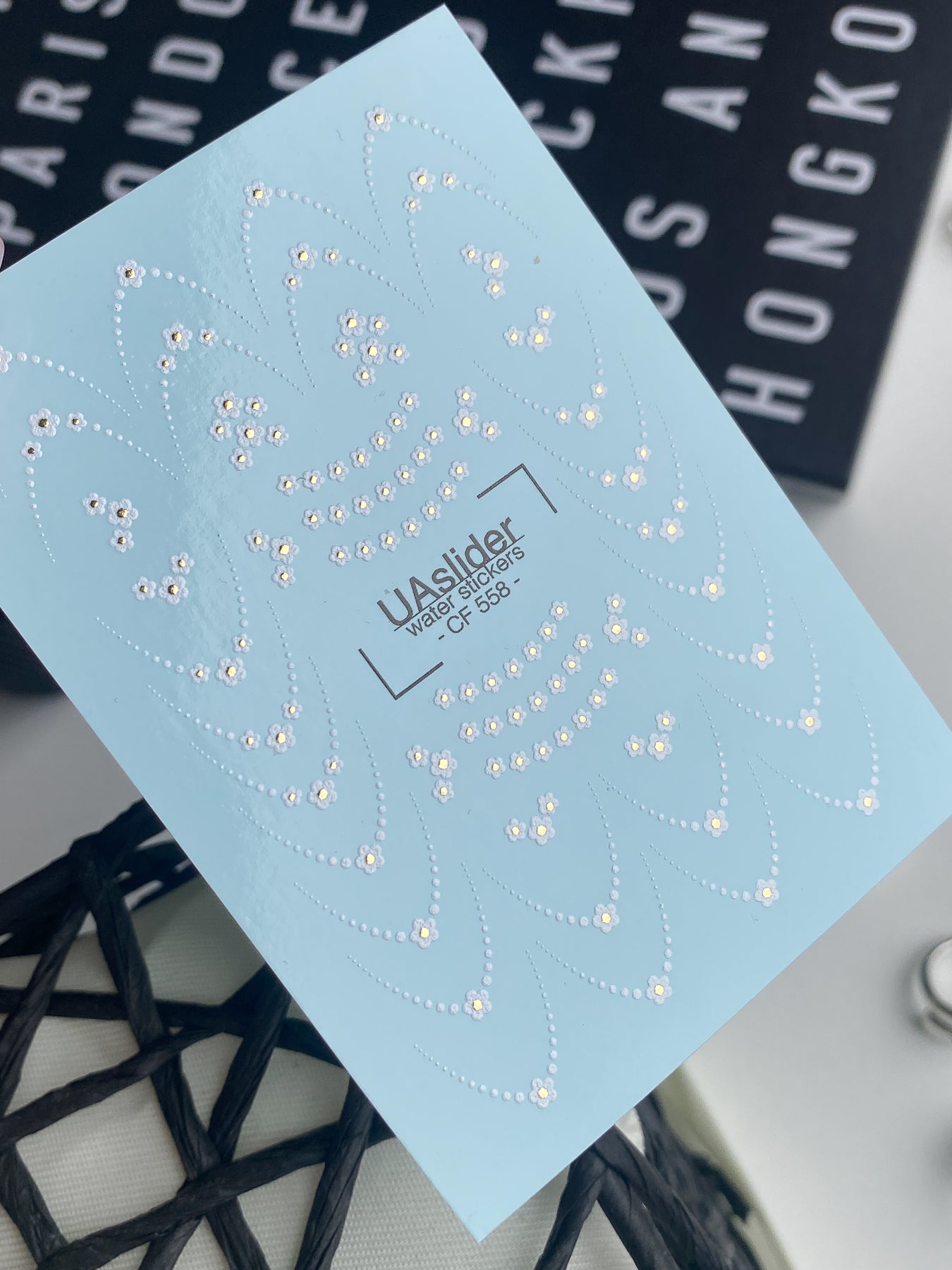 Nail Water Decal CF-558 | French Water Slide Nail Decals with Floral Dots | White Flowers and Delicate Lines