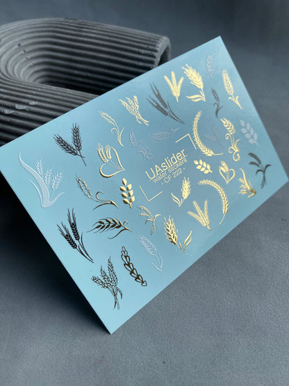 Nail Water Decal CF-222 | Botanical Water Slide Nail Decals | Wheat Ears & Gold Foil