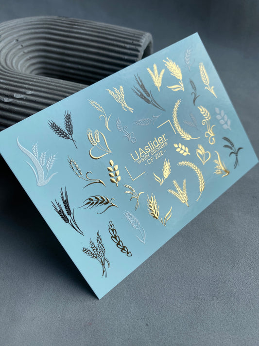 Nail Water Decal CF-222 | Botanical Water Slide Nail Decals | Wheat Ears & Gold Foil