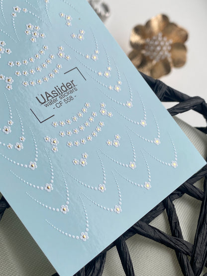 Nail Water Decal CF-558 | French Water Slide Nail Decals with Floral Dots | White Flowers and Delicate Lines