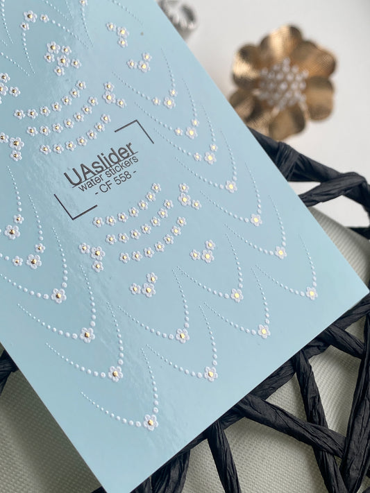 Nail Water Decal CF-558 | French Water Slide Nail Decals with Floral Dots | White Flowers and Delicate Lines