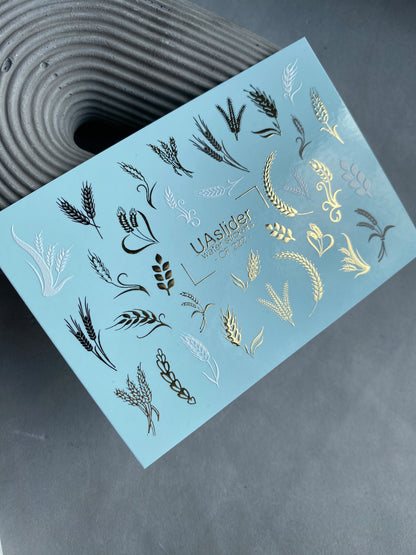 Nail Water Decal CF-222 | Botanical Water Slide Nail Decals | Wheat Ears & Gold Foil