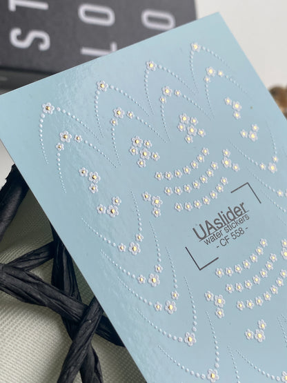 Nail Water Decal CF-558 | French Water Slide Nail Decals with Floral Dots | White Flowers and Delicate Lines