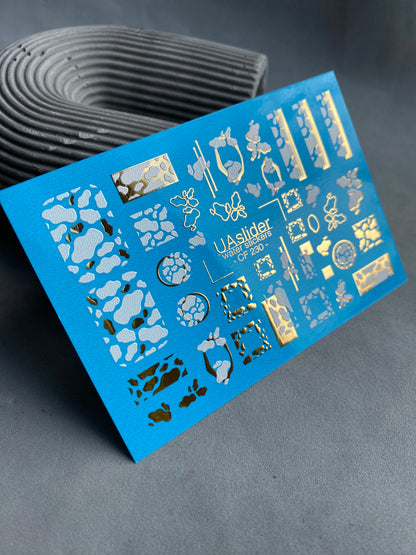 Nail Water Decal CF-230 | Cow Print Water Slide Nail Decals | White & Gold Geometric Design