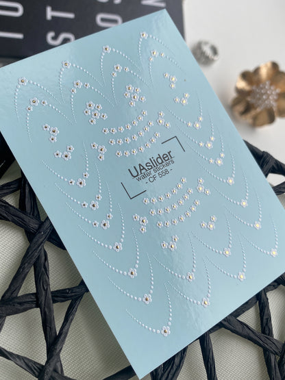 Nail Water Decal CF-558 | French Water Slide Nail Decals with Floral Dots | White Flowers and Delicate Lines