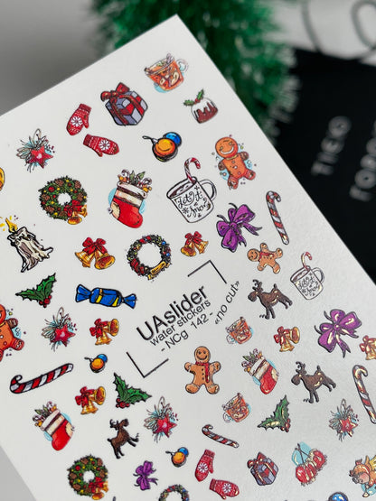 Nagel Wasserabziehbild NCg-142 | Weihnachts Wasserfolien Nagelabziehbilder | Geschenke, Lebkuchen und Festliche Symbole