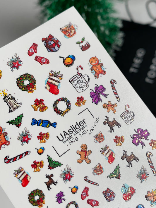 Nail Water Decal NCg-142 | Christmas Water Slide Nail Decals | Gifts, Gingerbread and Festive Icons