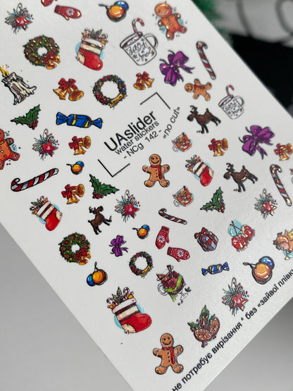 Nagel Wasserabziehbild NCg-142 | Weihnachts Wasserfolien Nagelabziehbilder | Geschenke, Lebkuchen und Festliche Symbole