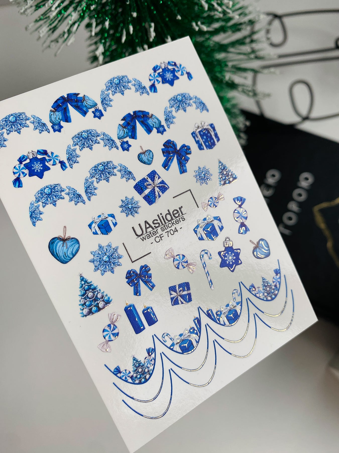 Nail Water Decal CF-704 | Christmas Water Slide Nail Decals | Blue Snowflakes and Holiday Gifts