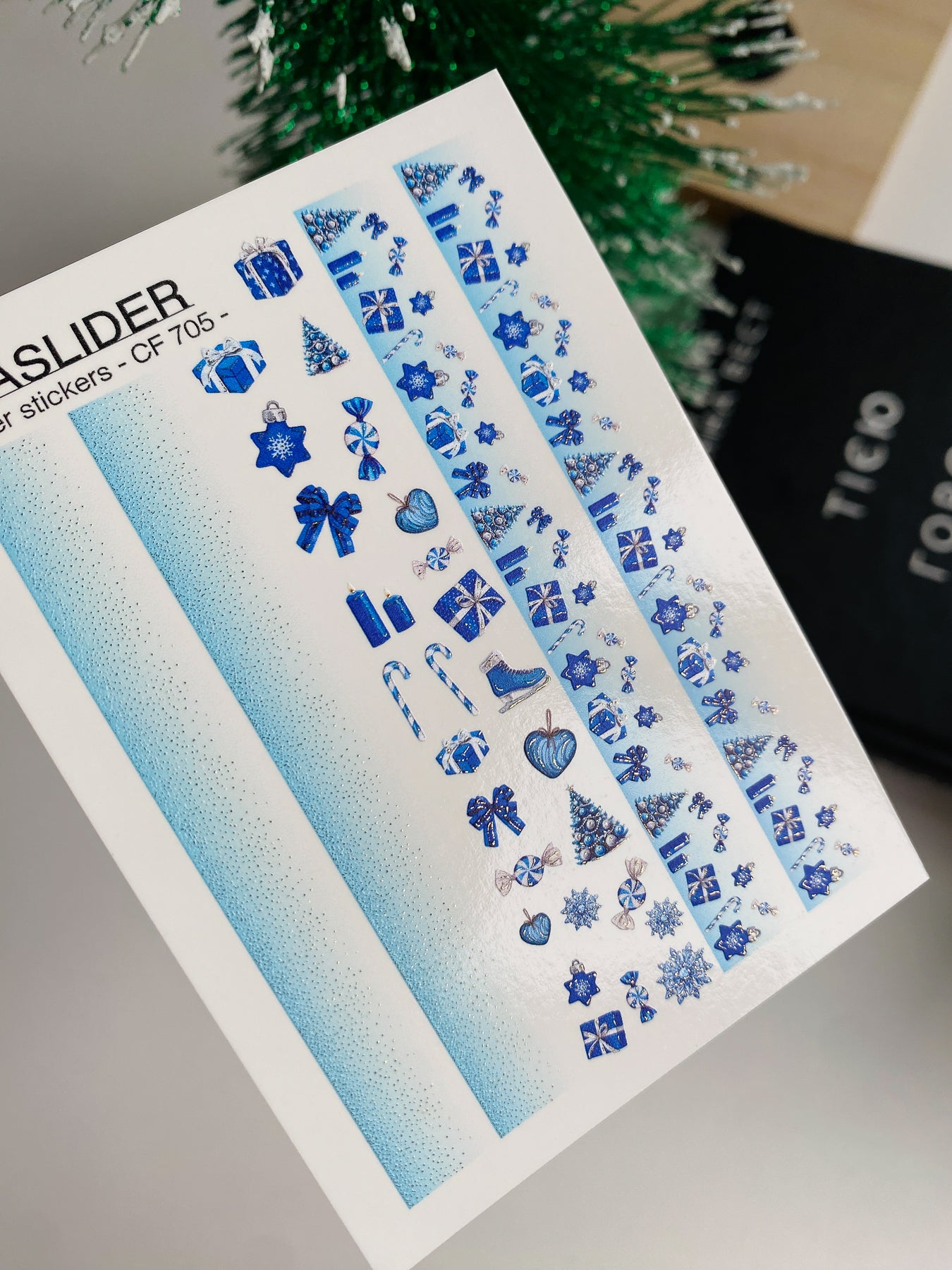 Nail Water Decal CF-705 | Christmas Water Slide Nail Decals | Blue Gradient and Holiday Ornaments