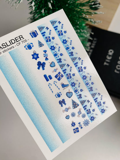 Nail Water Decal CF-705 | Christmas Water Slide Nail Decals | Blue Gradient and Holiday Ornaments