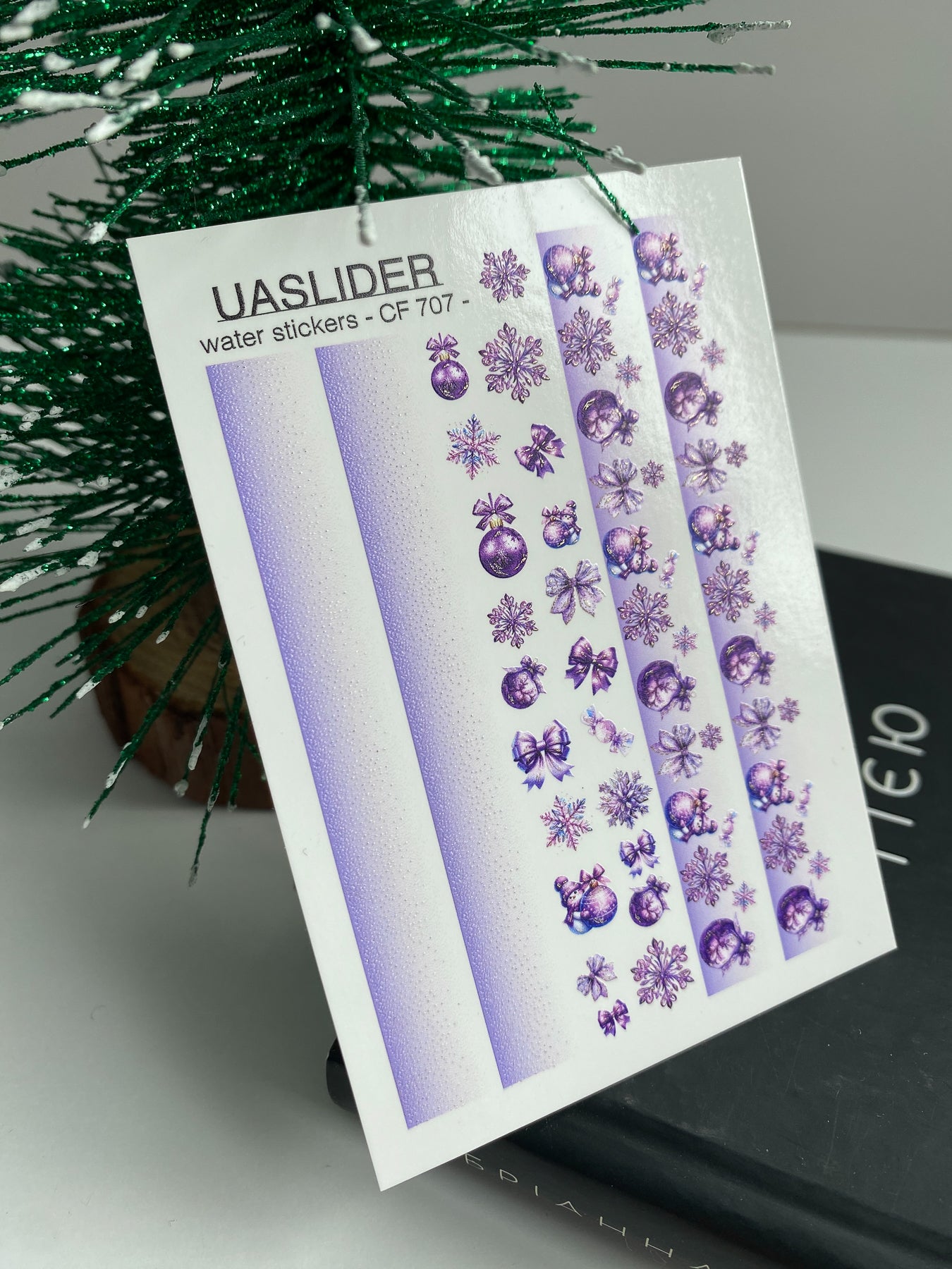 Nail Water Decal CF-707 | Christmas Water Slide Nail Decals | Purple Gradient with Ornaments and Snowflakes