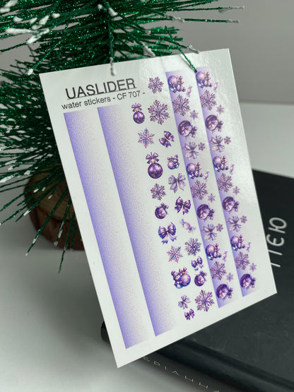 Nail Water Decal CF-707 | Christmas Water Slide Nail Decals | Purple Gradient with Ornaments and Snowflakes