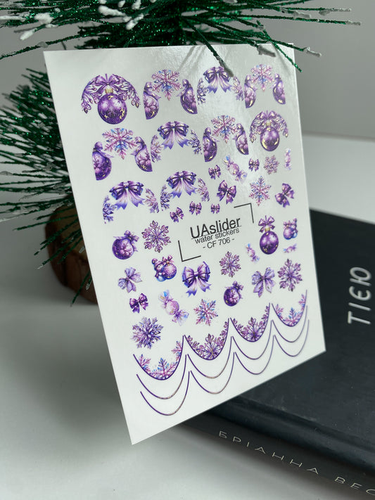 Nail Water Decal CF-706 | Christmas Water Slide Nail Decals | Purple Snowflakes and Ornaments